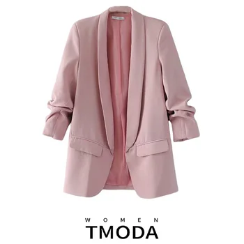 TMODA303 Za 2021 Sommer Efterår Elegante Kvinder Arbejdstøj Pink Blazer Tre Kvart Ærme Regular Fit Minimalistisk Kontor Dame Blazer