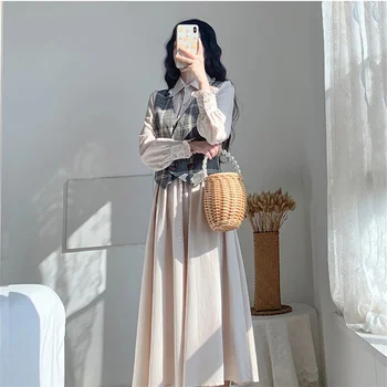 To-Piece Stor Størrelse Plaid Vest + Orgel Læg Pjusket Shirt Kjole landlig Stil Kvinders Mode Passer koreanske Foråret Nederdel Sæt