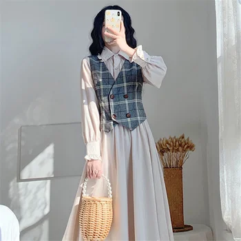 To-Piece Stor Størrelse Plaid Vest + Orgel Læg Pjusket Shirt Kjole landlig Stil Kvinders Mode Passer koreanske Foråret Nederdel Sæt