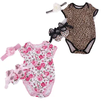 Toddler Baby Pige Tøj Blomster Trykt Bodysiuts Leopard Buksedragt Sko, Hårbånd, 3stk Bomuld Romper Dejlige børnetøj