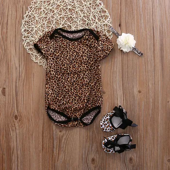 Toddler Baby Pige Tøj Blomster Trykt Bodysiuts Leopard Buksedragt Sko, Hårbånd, 3stk Bomuld Romper Dejlige børnetøj