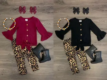 Toddler Kids Baby Pige Efteråret Bomuld Tøj Tøj Lang Flare Ærmet Shirt Toppe+Leopard Lange Bukser Sæt 2STK 1-6Y