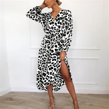 Top sælger leopard V-hals, høj talje snøre kvinders kjole jeg langærmet kjole kvinder tøj kvinder kjoler sommeren 2020