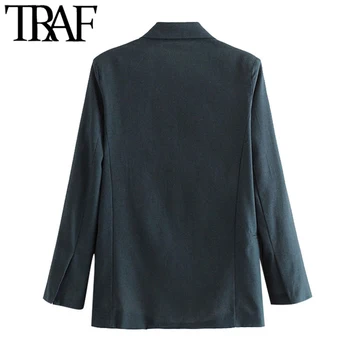 TRAF Kvinder Mode Kontor Slid Dobbelt Breasted Blazer Vintage Pels Lange Ærmer, Lommer Kvindelige Overtøj Smarte Toppe