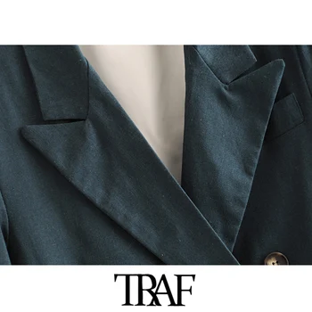 TRAF Kvinder Mode Kontor Slid Dobbelt Breasted Blazer Vintage Pels Lange Ærmer, Lommer Kvindelige Overtøj Smarte Toppe