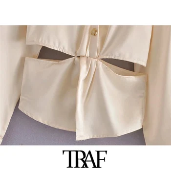 TRAF Kvinder Mode Med Knyttede Hule Ud Bluser Vintage Lange Ærmer Tilbage Bundet Kvindelige Skjorter Smarte Toppe