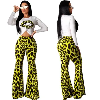 Trendy Kvinder tøj Leopard Print Pants med lange ærmer rund hals pullover Geometri Toppe 2pc polyester tøj