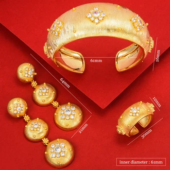 Trendy Luksus Vintage golden Bred Armbånd, Øreringe og Ring Smykker Sæt Til Bridal Wedding Høj Kvalitet Ny Dubai Stil smykke sæt