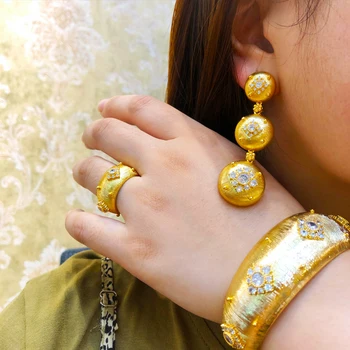 Trendy Luksus Vintage golden Bred Armbånd, Øreringe og Ring Smykker Sæt Til Bridal Wedding Høj Kvalitet Ny Dubai Stil smykke sæt