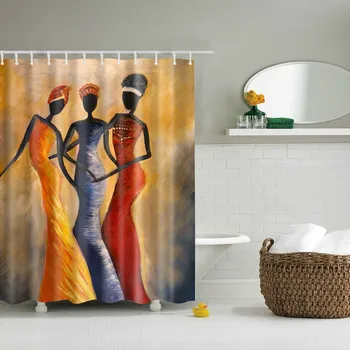 Trible Etniske badeforhæng Amerikanske Afrikansk Kvinde Danse Design Polyester Stof Badeværelse Gardinerne med Krogene Orange