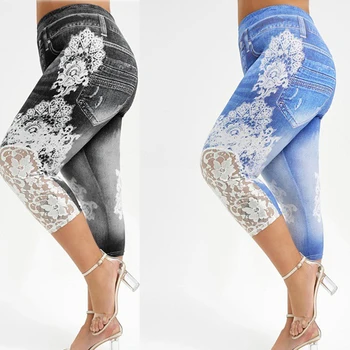 Trykt Falske Denim Yoga Bukser, 3\4 Kvinder Jeans Leggings med Høj Talje Knickers Capri Pants Super Elastisk Jeggings Størrelse XL