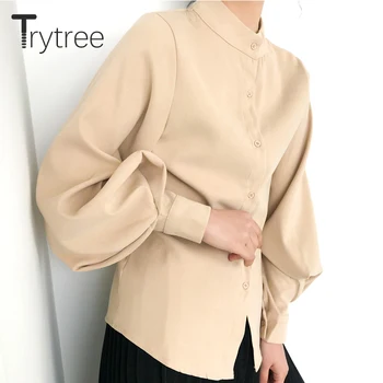 Trytree 2020 Foråret Kvinde Casual Bluse Stå Krave, Enkelt Breasted Solid 3 Farver Lanterne Ærme Løs Kontor Dame Bluse