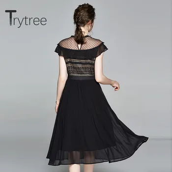 Trytree 2020 Sommeren Kvinder Casual Kjole O-hals Lace Hule Ud Patchwork Plisserede Mode Elegant Vintage A-linje Mid-Kalv Kjole