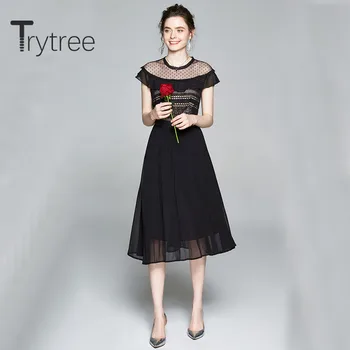 Trytree 2020 Sommeren Kvinder Casual Kjole O-hals Lace Hule Ud Patchwork Plisserede Mode Elegant Vintage A-linje Mid-Kalv Kjole