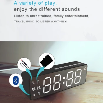 Trådløs Bluetooth Højttaler FM-Radio Bass Lyd Desktop Musik Afspiller Støtte TF Kort LED Spejl Vækkeur