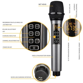 Trådløs Mikrofon, Genopladelige Trådløse Mikrofon Wireless Karaoke Mikrofon Dynamisk UHF Håndholdte Modtager
