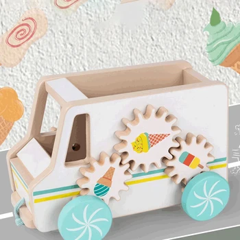 Træ-Ice Cream Indkøbsvogn Foregive Spille Toy Børn Træktov Træk Bil Legetøj Farverige Børn Puslespil Læring Legetøj