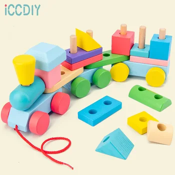 Træ-nye børn er sjove, farverige nedrivning af byggesten lille tog, børn logik tænkning tidlig undervisning puslespil legetøj