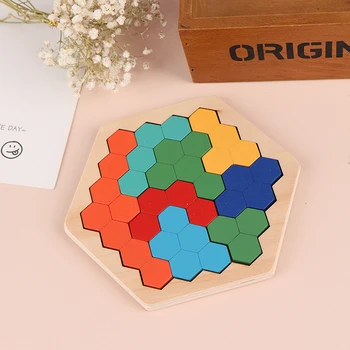 Træ-Sekskant Puslespil For Kids Voksen - Honeycomb Form Tangram Puslespil, Legetøj Geometri, Logik, IQ-Spil Gave Til Børn