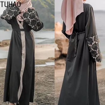 TUHAO Muslimske Kvinder Kjole Plus Size langærmet Vintage-Kjoler, Blonder Sort Kjole Kvinde Tøj Lange Maxi Kjole WM02