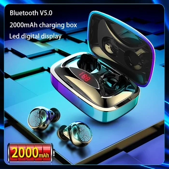TWS 5.0 bluetooth hovedtelefon 2000mAh LED power displayet tryk på knappen, støjreduktion, med super bass lyde Sport gaming Headset