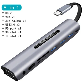 Type C-Hub 9 Havne 4K USB-C Splitter VGA HD-USB3.0-Adapter HDMI-Kompatibel Lyd-Lan Hub for Desktop Phone Notebook