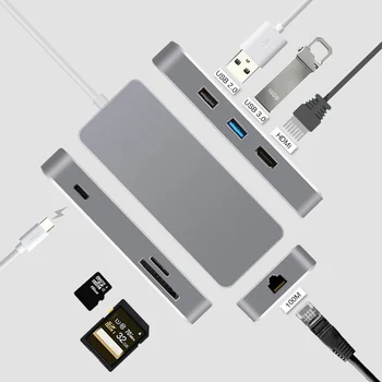 Type C-Hub Til Macbook Spliter Adapter USB 3.0-TF SD-Kortlæser 2K Video HDMI RJ45 Ethernet-Netværk LAN PD Opladning af USB-C