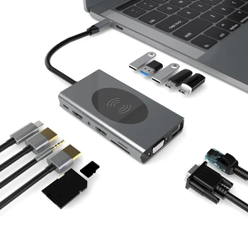 Type C USB-Hub-Dockingstation Muiti-Funktionelle 14 in1 Hub Dual 4K HDMI-Kompatibel Audio3.5mm VGA Rj45 Ethernet SD-TF