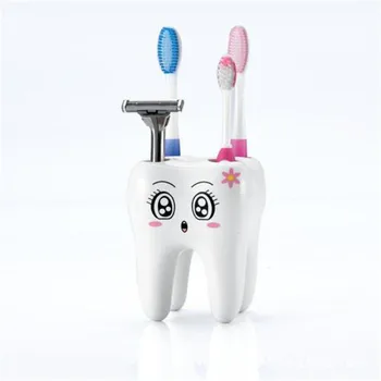 Tænder Stil Tandbørsteholder 4 Hul Tegnefilm Tandbørste Stå Tandbørste Hylde Beslag Container Badeværelse Tilbehør