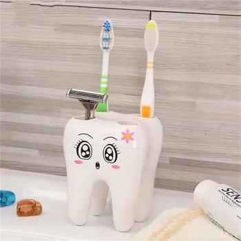 Tænder Stil Tandbørsteholder 4 Hul Tegnefilm Tandbørste Stå Tandbørste Hylde Beslag Container Badeværelse Tilbehør