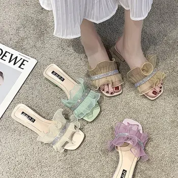 Tøfler Damer Sommeren Kvinders Sko Tynde Høje Hæle Blomst Gummi Sandaler Luksus Tøfler 2021 Hawaii Designer Mode Stof