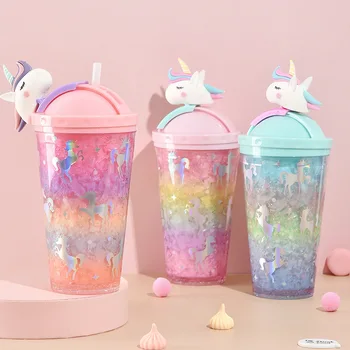 Unicorn vandflaske Kreative Farverige Sugerør drikkebæger 450ML Søde Tegneserie Stil Transportabel vandflaske Drikke Flaske