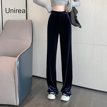Unireal 2021 Efterår Og Vinter Kvinder Med Bred Ben Bukser Med Høj Talje Fløjl Bukser, Vintage Casual Streetwear Bukser