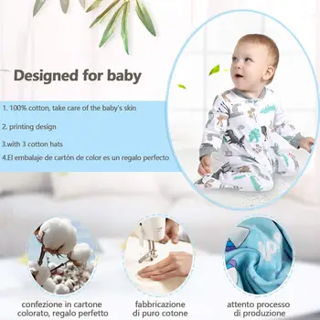 Unisex Baby Footed Pyjamas - Bomuld 3pc Baby Langærmet Romper Lynlås Pyjamas med 3pc Hat Nyfødte Tøj Sæt
