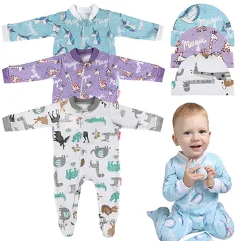 Unisex Baby Footed Pyjamas - Bomuld 3pc Baby Langærmet Romper Lynlås Pyjamas med 3pc Hat Nyfødte Tøj Sæt