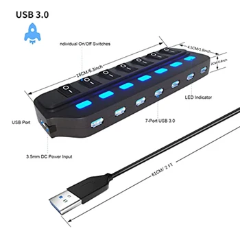 USB 3.0 Hub-Splitter,1 at 7-Port USB-Hub med Individuelle On/Off kontakter og Lamper til Laptop, PC, Computer