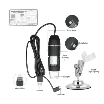 USB Digital Zoom Mikroskop, Lup med OTG Funktionen 8-LED Lys Forstørrelsesglas 1600X Forstørrelse med Stander