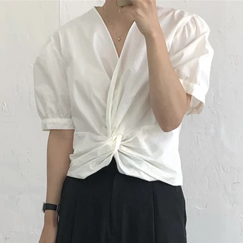 VANOVICH Mode Kvinder Bluser koreansk Stil Nye 2021 Sommeren Solid Farve Damer Bluser Temperament V-hals Kvinder Tøj