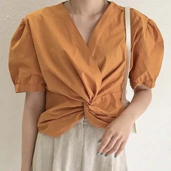 VANOVICH Mode Kvinder Bluser koreansk Stil Nye 2021 Sommeren Solid Farve Damer Bluser Temperament V-hals Kvinder Tøj