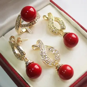 Varmt! perfekt match smukke smykker 18KGP 12mm vermilion red shell perle vedhæng, øreringe, , ring set