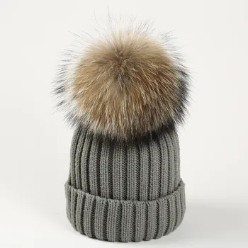Vaskebjørn pels bolden cap pom poms vinter hat til kvinder strikkede hat pige strikkede huer kasket helt nye tykke kvindelige pompom cap