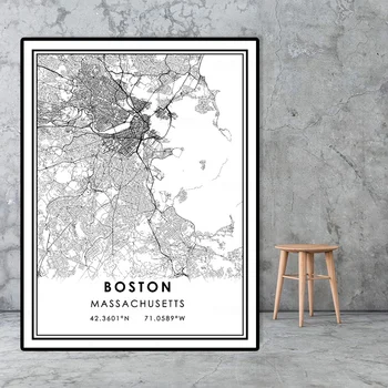 Verden i Byen BOSTON Sort og Hvid Væg Kunst, Lærred Maleri Nordiske Plakat Stue Home Decor