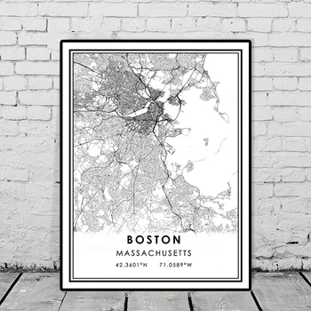 Verden i Byen BOSTON Sort og Hvid Væg Kunst, Lærred Maleri Nordiske Plakat Stue Home Decor