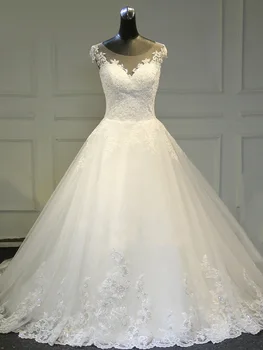 Vestido de Noiva Princess Wedding Dress 2019 Lace Applique Scoop Puffy Bolden Kjole Brudekjoler, Kjole Ærmeløs Kjortel, De Mariee