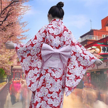 Vestido de quimono sakura menina tradicional traje lejligheder mulher yukata banho robe kom obi festa noite cosplay dia das bruxas