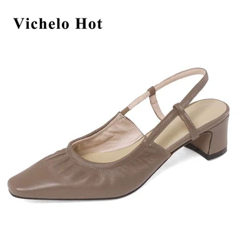 Vichelo Hot ko læder firkantet tå kortfattet sommer sko tilbage rem med hæle plisserede komfortable solid kortfattet kvinder sandaler L23