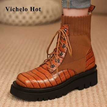 Vichelo Hot naturlige læder rund tå og høj hæl strikning støvler sommerfugl knude gentlewomen streetwear praktisk ankel støvler L2f5