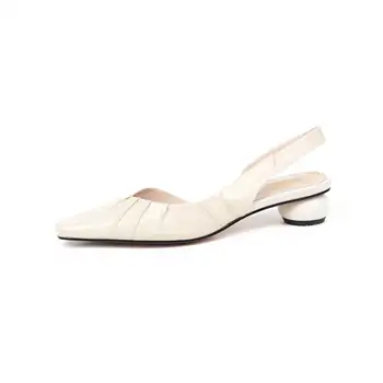 Vichelo Varm fuld korn læder lav hæl firkantet tå Europæiske design unge dame daglige slid elastik fashion sandaler til kvinder L 32