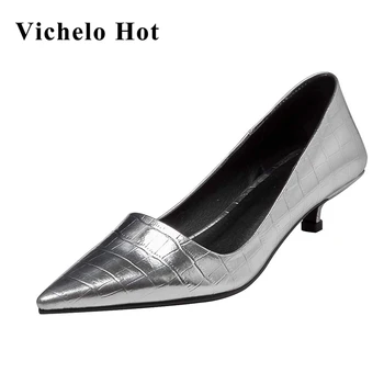 Vichelo Varmt plus size spids tå lavvandede lave hæle dans fest skinnende high street fashion kontor dame slip på kvinder pumper L12