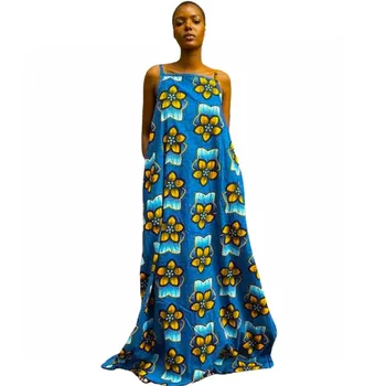 Vintage Afrikanske Kjoler Kvinder Snøre Backless Spaghetti Strop Boubou Mode Blomster Print Løs Afslappede Afrikanske Maxi Kjole Klæder